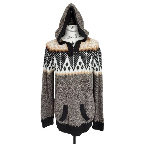 Vintage Peruvian Alpaca Sweater Hooded Pullover Aztec Black Nordic Fair Isle - Picture 2 of 10